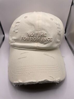 Distressed Ivory Baseball Cap - "No Time For Romance" Embroidered